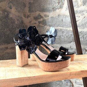 Miu Miu Black Patent Leather Floral Accent Wooden Sandals